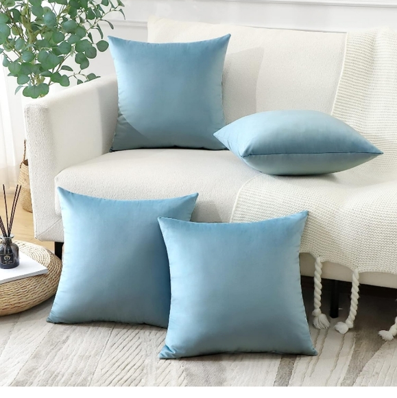 Set of 4 Sky Blue Soft Velvet New Pillow Covers 18" Square w Zipper Pastel Decor - Picture 7 of 7